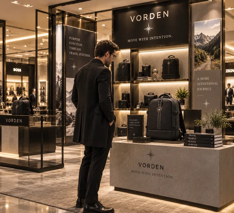 VORDEN backpacks on display in a premium boutique
