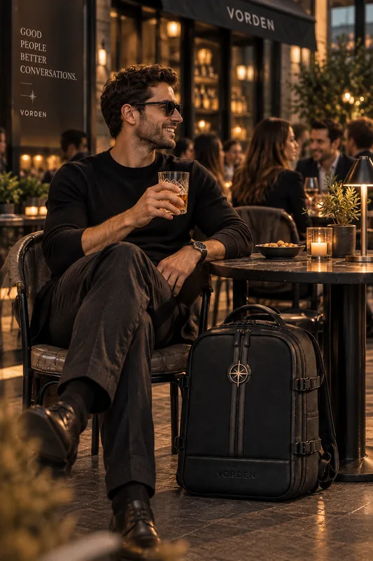 VORDEN backpack at an evening cafe table beside a well-dressed traveller